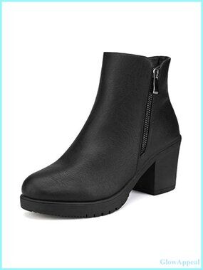 Chunky Heel Platform Ankle Boots Faux Leather Zip